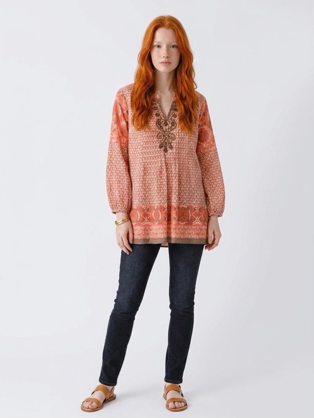 Style & Co Tunic Size 12 V Neck Embroidered Beaded Boho Hippie Tribal Orange